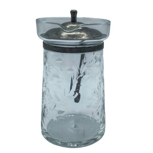 Antique Glass Syrup Pitcher With Floral Etch Silver plate Lid Handle - Picture 4 of 10